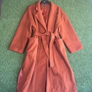 Shein Long Belted Overcoat Rust Orange Women’s Size‎ M–Lapel Collar, Pockets